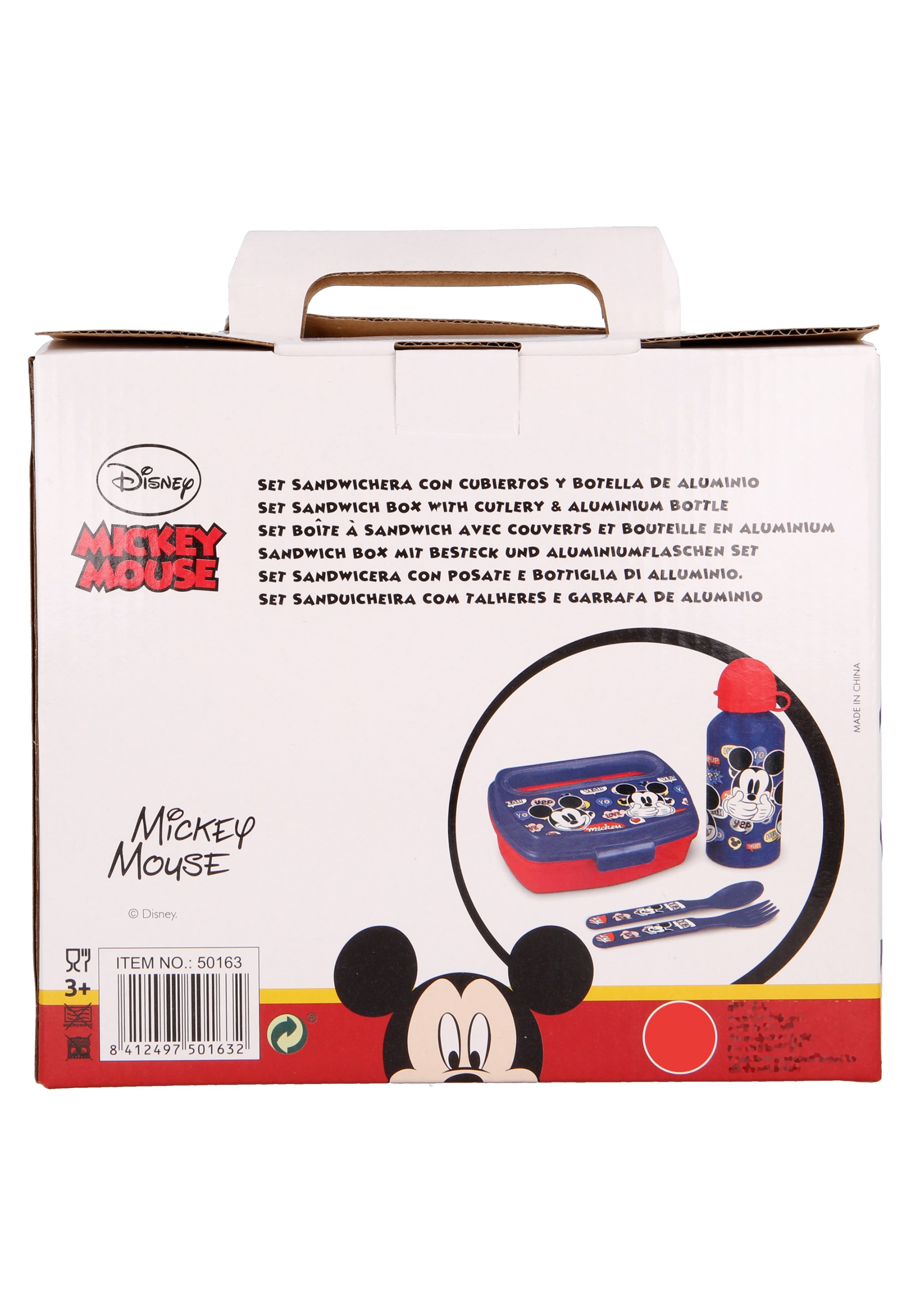 Mickey Mouse Lunch-Set in Geschenkkarton Brotdose, Trinkflasche, Gabel und Löffel