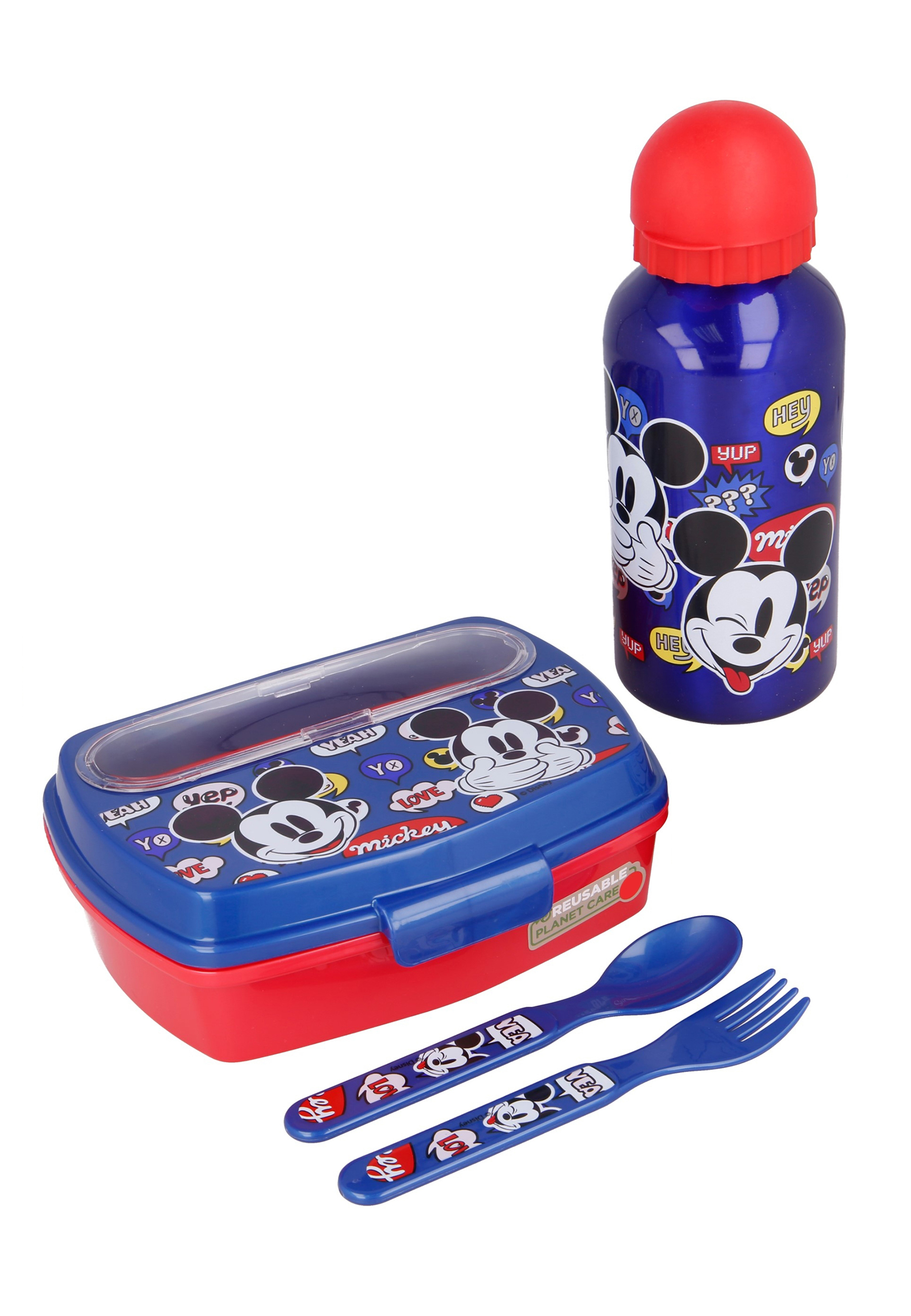Mickey Mouse Lunch-Set in Geschenkkarton Brotdose, Trinkflasche, Gabel und Löffel