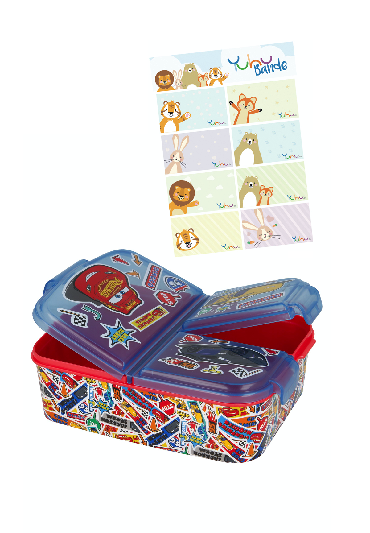 Cars Stickers Kinder Premium Brotdose Lunchbox Frühstücks-Box Vesper-Dose mit 3 Fächern