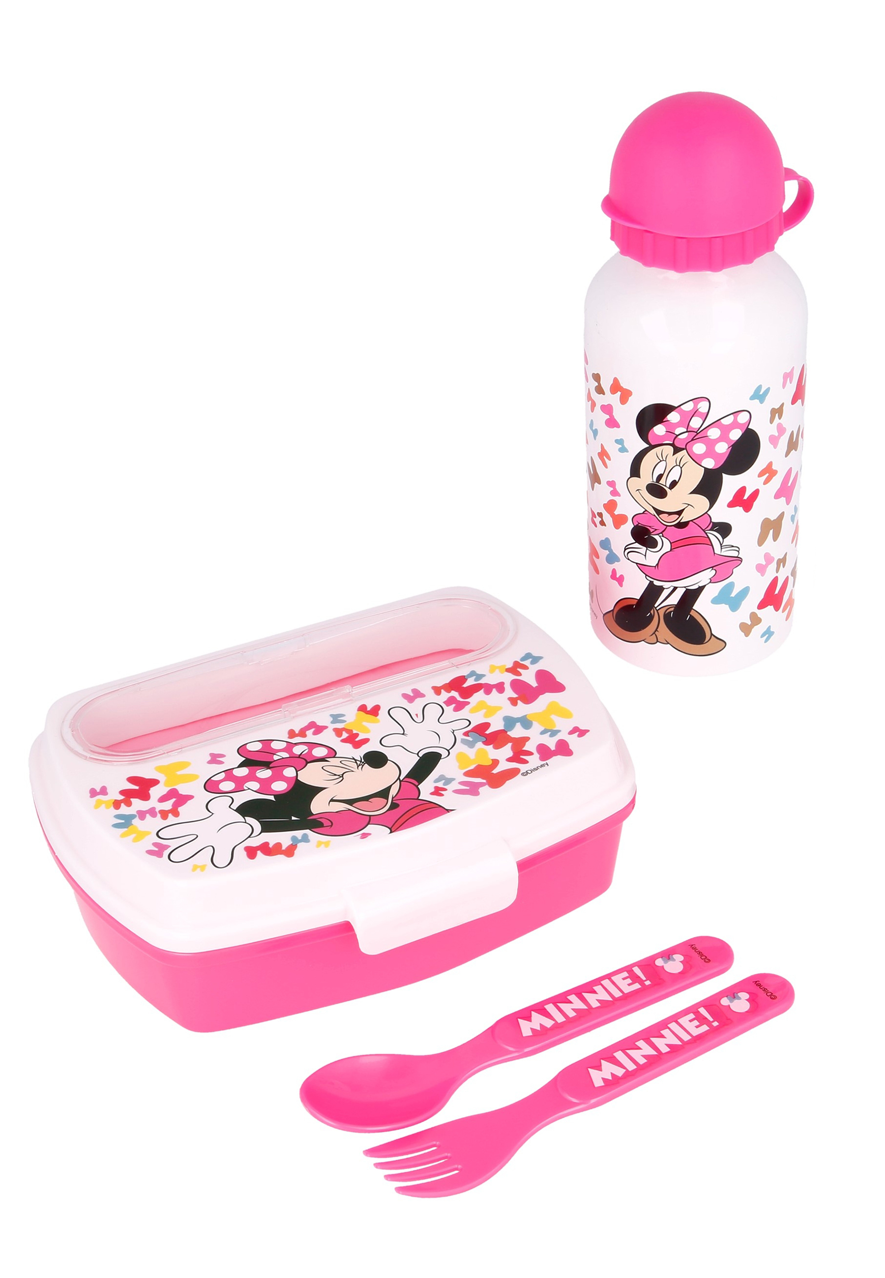 Minnie Mouse Lunch-Set in Geschenkkarton Brotdose, Trinkflasche, Gabel und Löffel