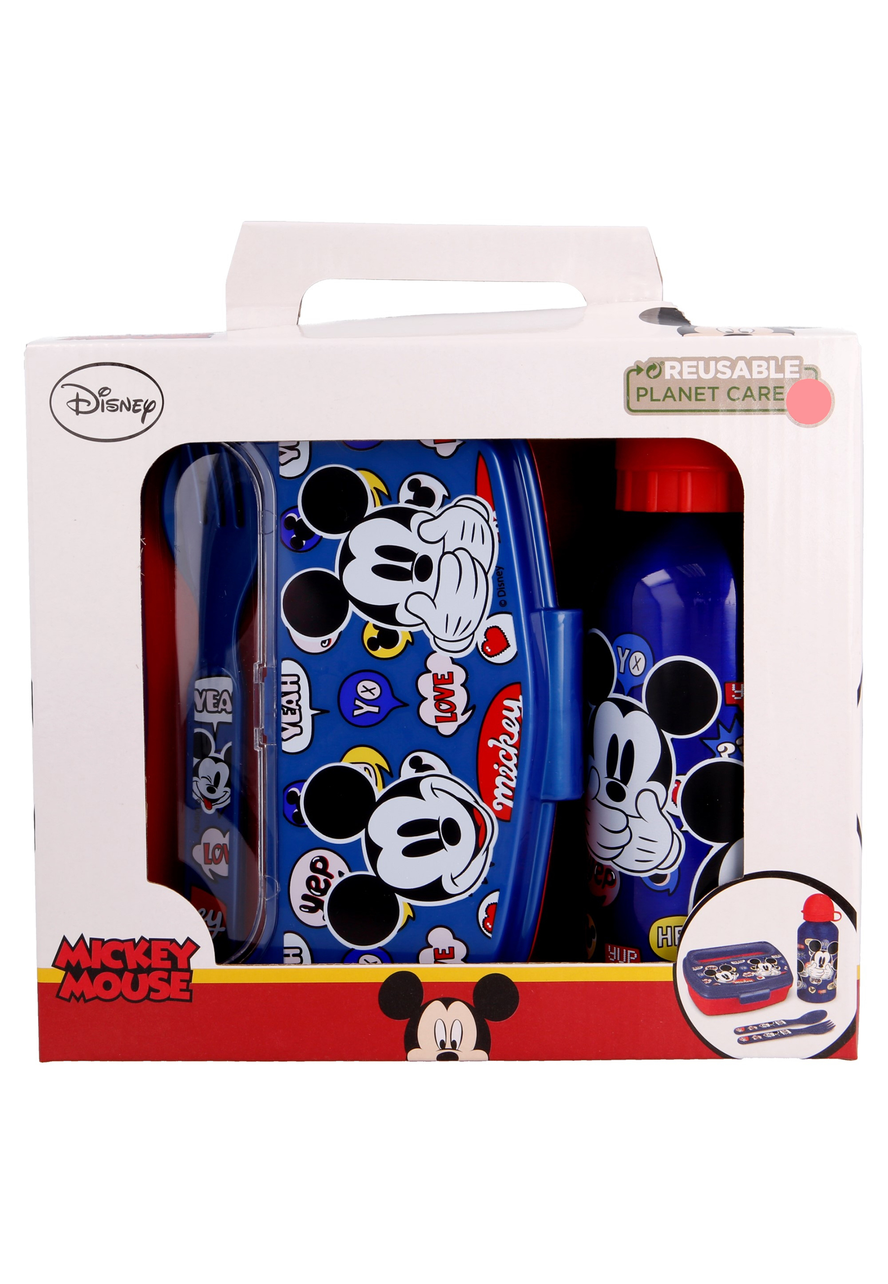 Mickey Mouse Lunch-Set in Geschenkkarton Brotdose, Trinkflasche, Gabel und Löffel