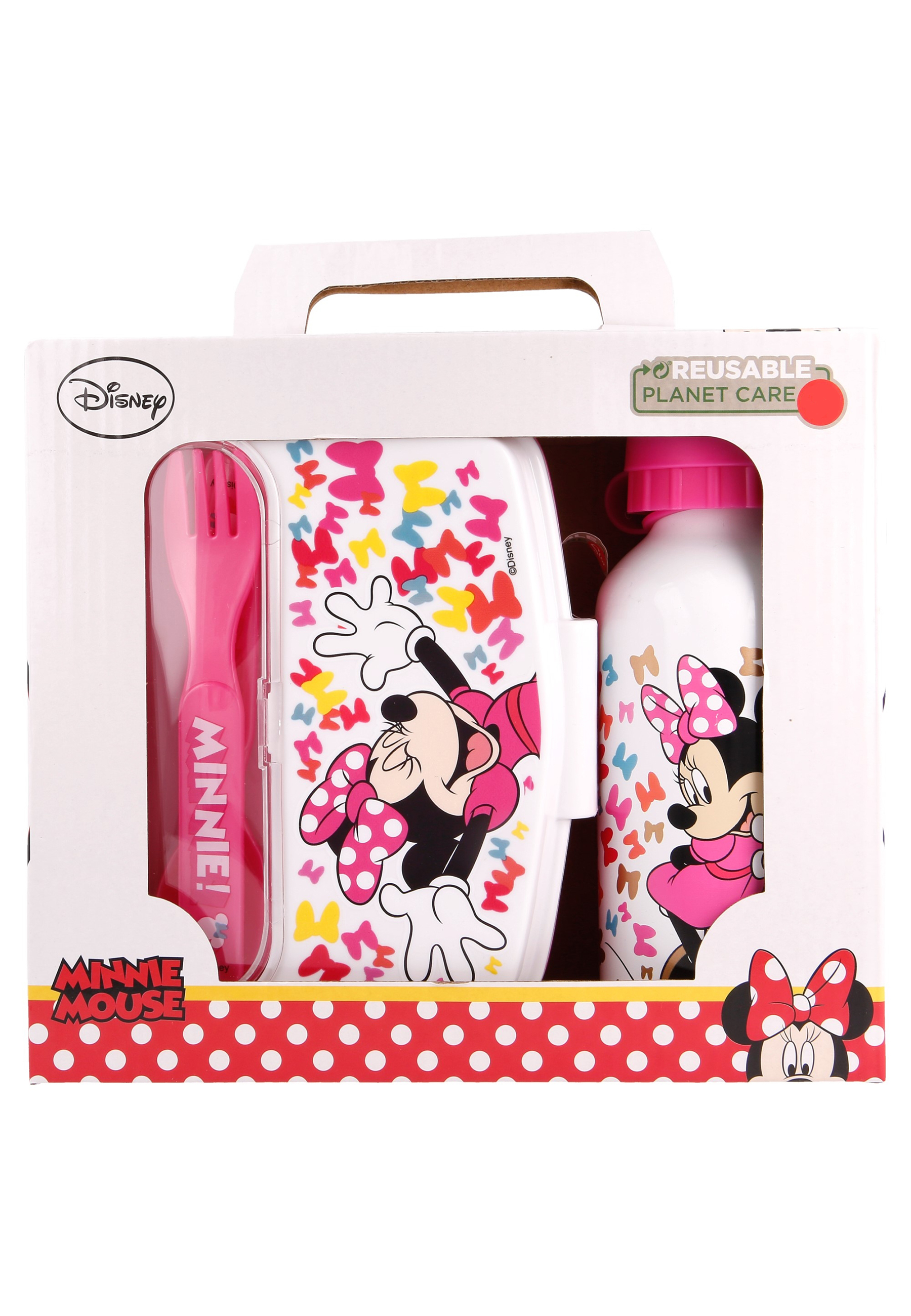 Minnie Mouse Lunch-Set in Geschenkkarton Brotdose, Trinkflasche, Gabel und Löffel